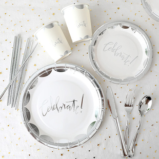 高级烫金银色一次性餐具纸盘派对用品生日公司聚会甜品台摆件布置