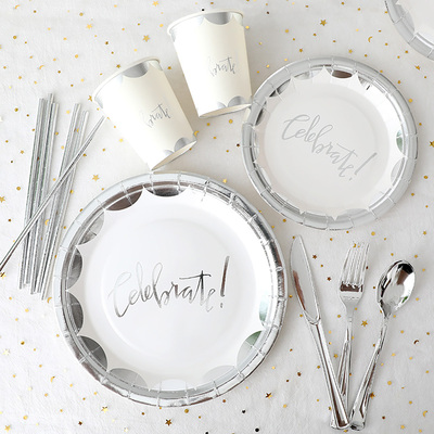 高级烫金银色一次性餐具纸盘派对用品生日公司聚会甜品台摆件布置