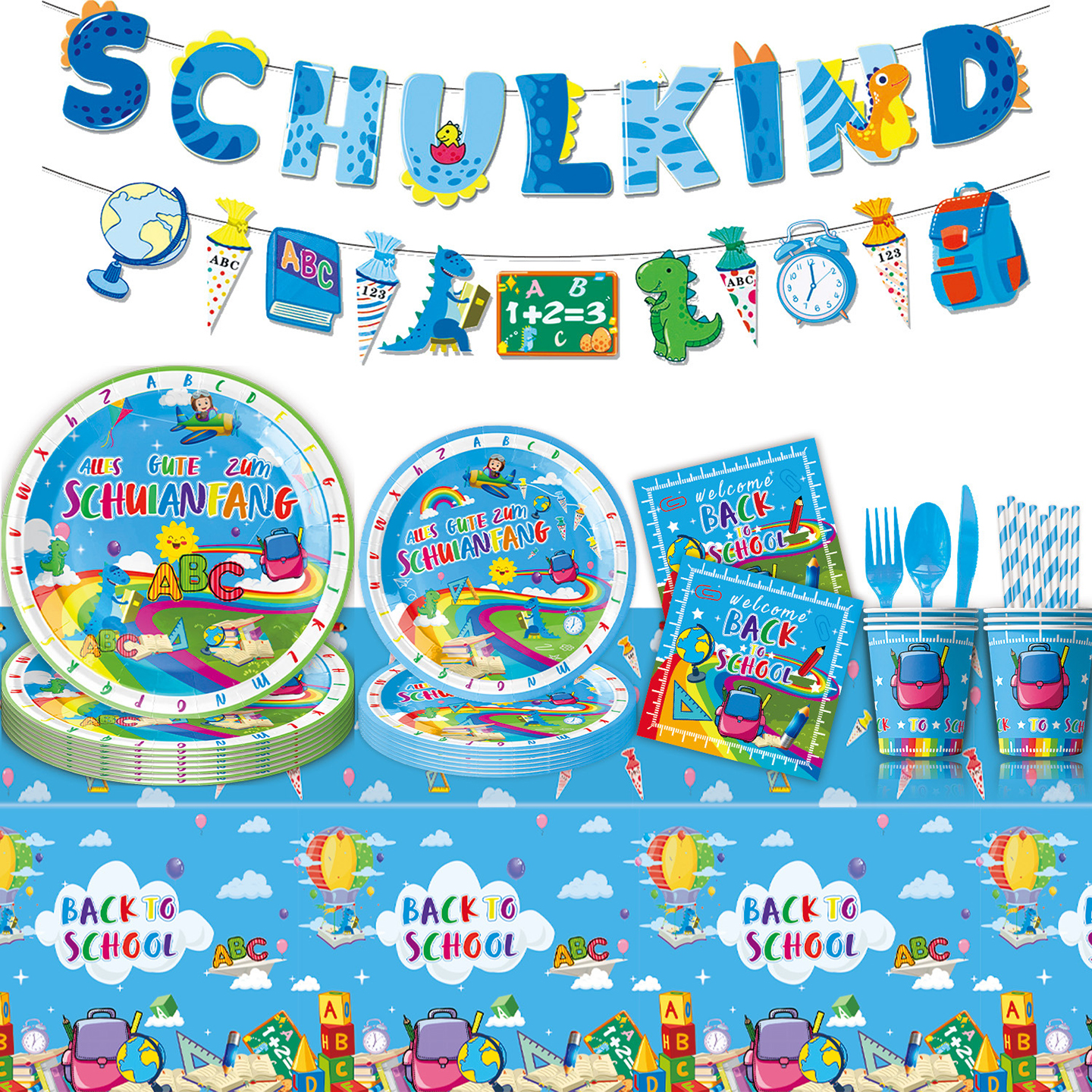 蓝色开学季主题餐具儿童返校派对用品一次性桌布纸盘纸杯拉旗布置