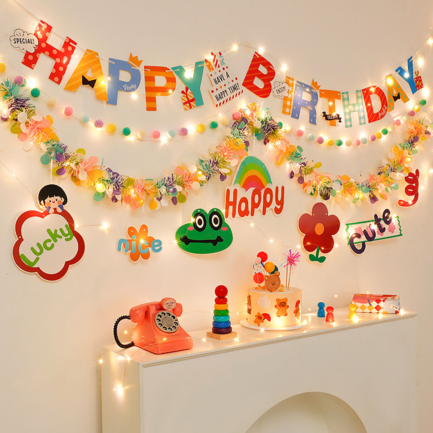 网红生日派对装饰毛球毛条拉旗儿童生日快乐周岁横幅拍照背景布置