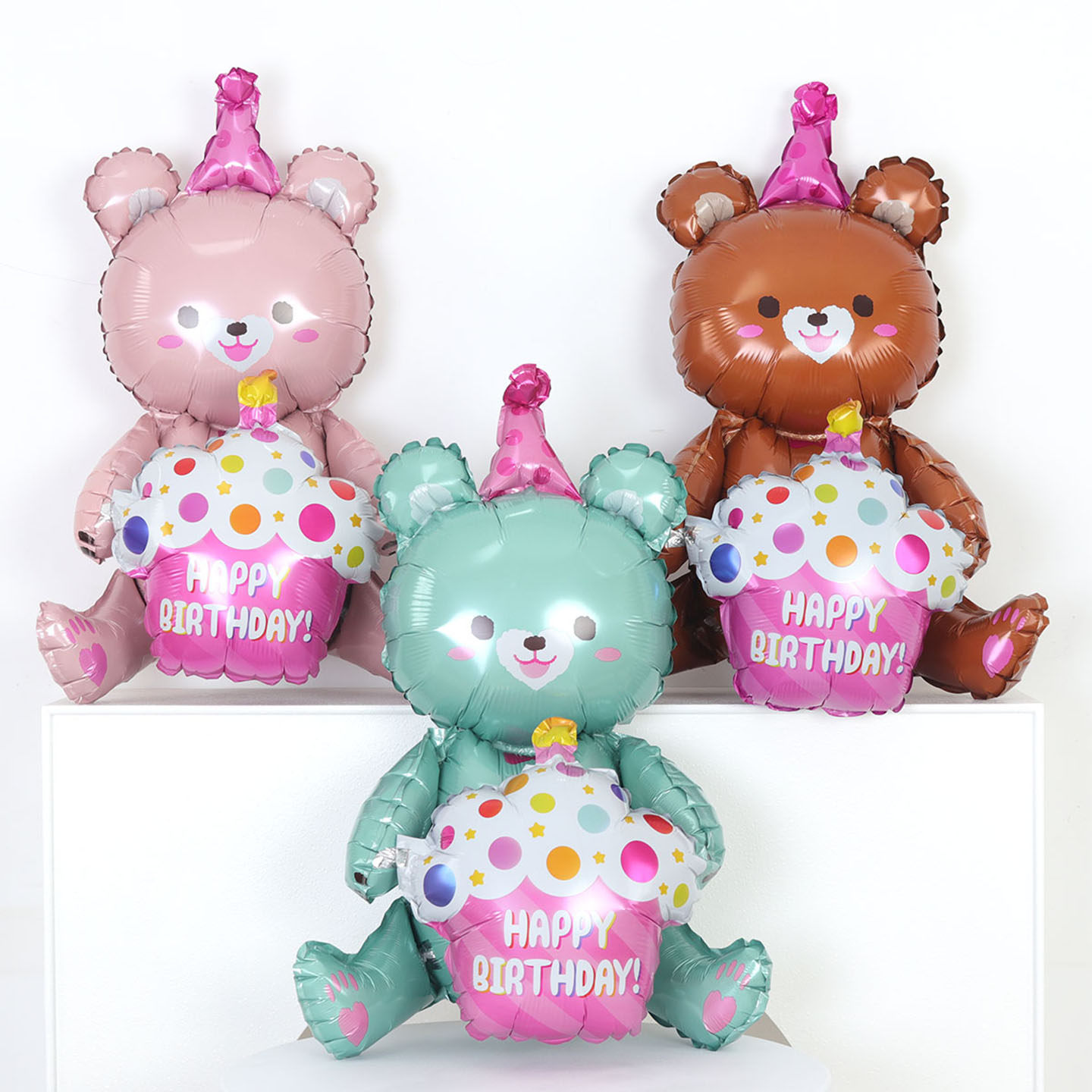 宝宝生日布置粉色4D坐立蛋糕小熊气球儿童生日背景装饰品拍照道具