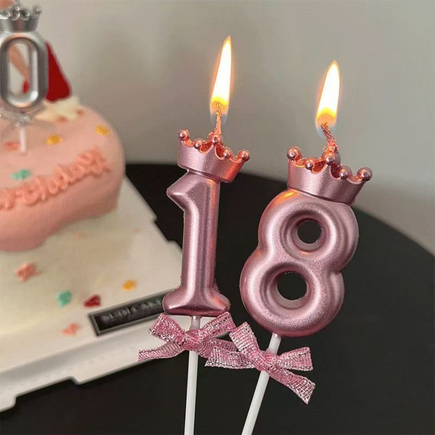 香槟金银色蝴蝶结数字蜡烛金属粉色蛋糕插牌女孩公主生日拍照道具