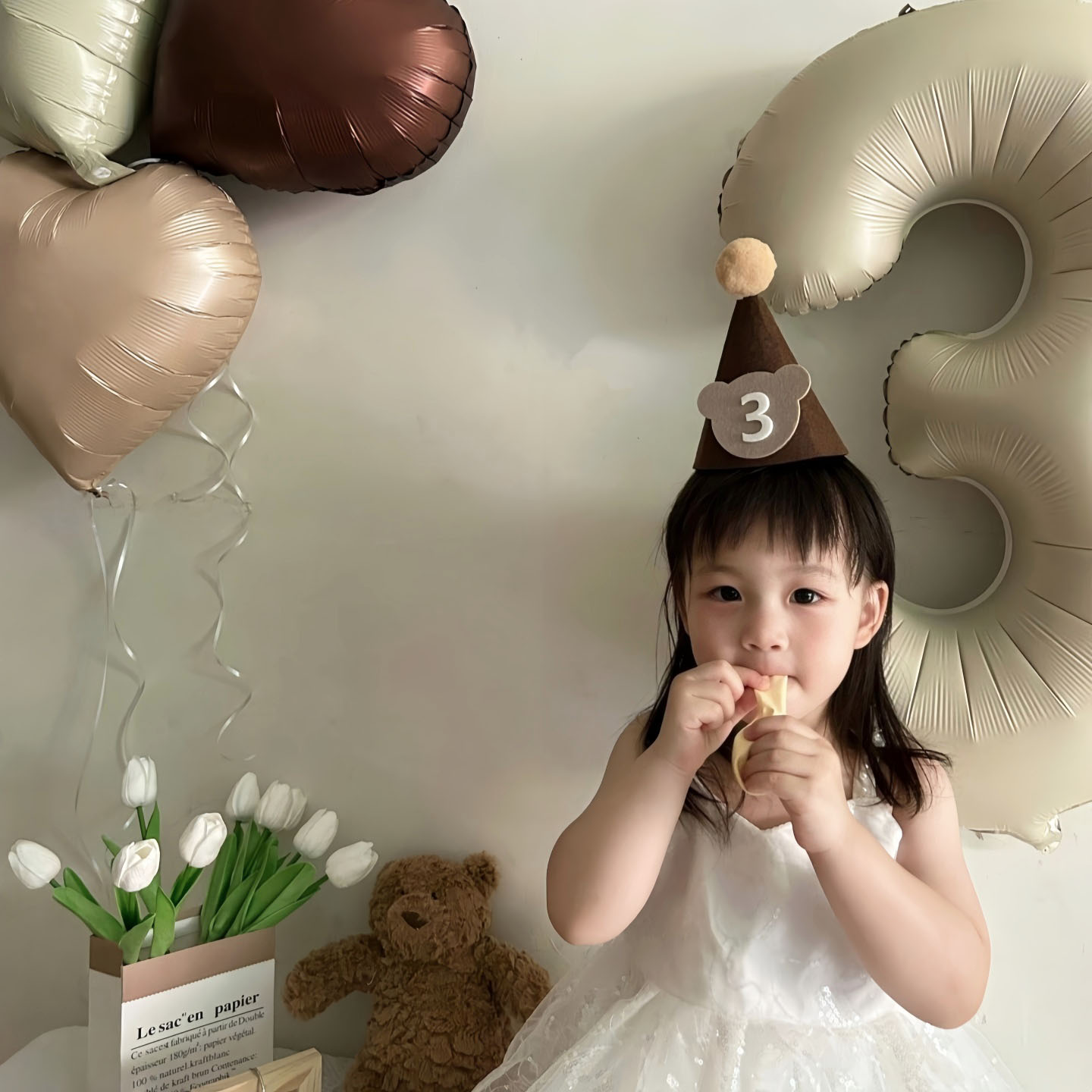 ins风咖色小熊生日帽百天满月儿童宝宝周岁派对节日装扮拍照道具