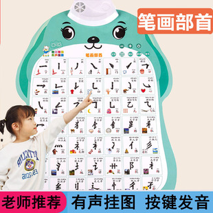 儿童汉字笔画部首笔顺有声挂图 一年级拼音偏旁识字早教卡片全套