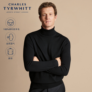 CT查特CHARLES TYRWHITT黑色美利奴羊毛高领男士保暖休闲针织衫