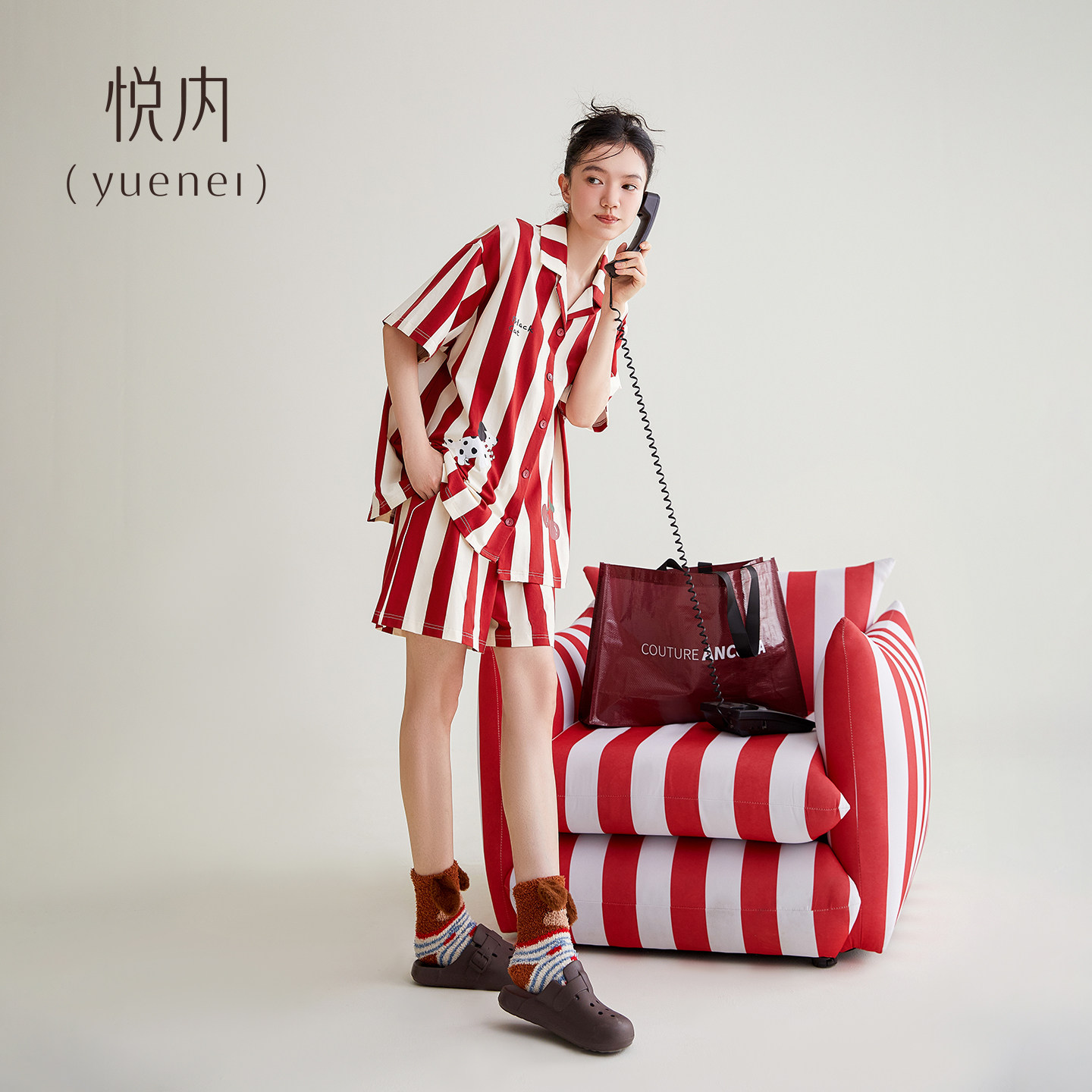 悦内睡衣女款夏季夏天短袖纯棉家居服大码时尚卡通条纹红色本命年