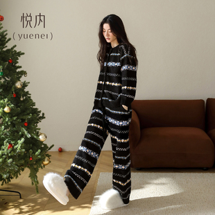悦内半边绒睡衣女冬季 珊瑚绒保暖家居服冰岛提花毛绒可外穿 秋冬款