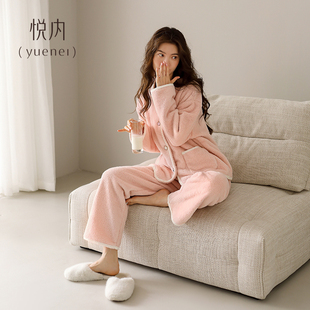 悦内睡衣女秋冬季 珊瑚绒加厚加绒保暖法兰绒家居服小香风粉色 冬款