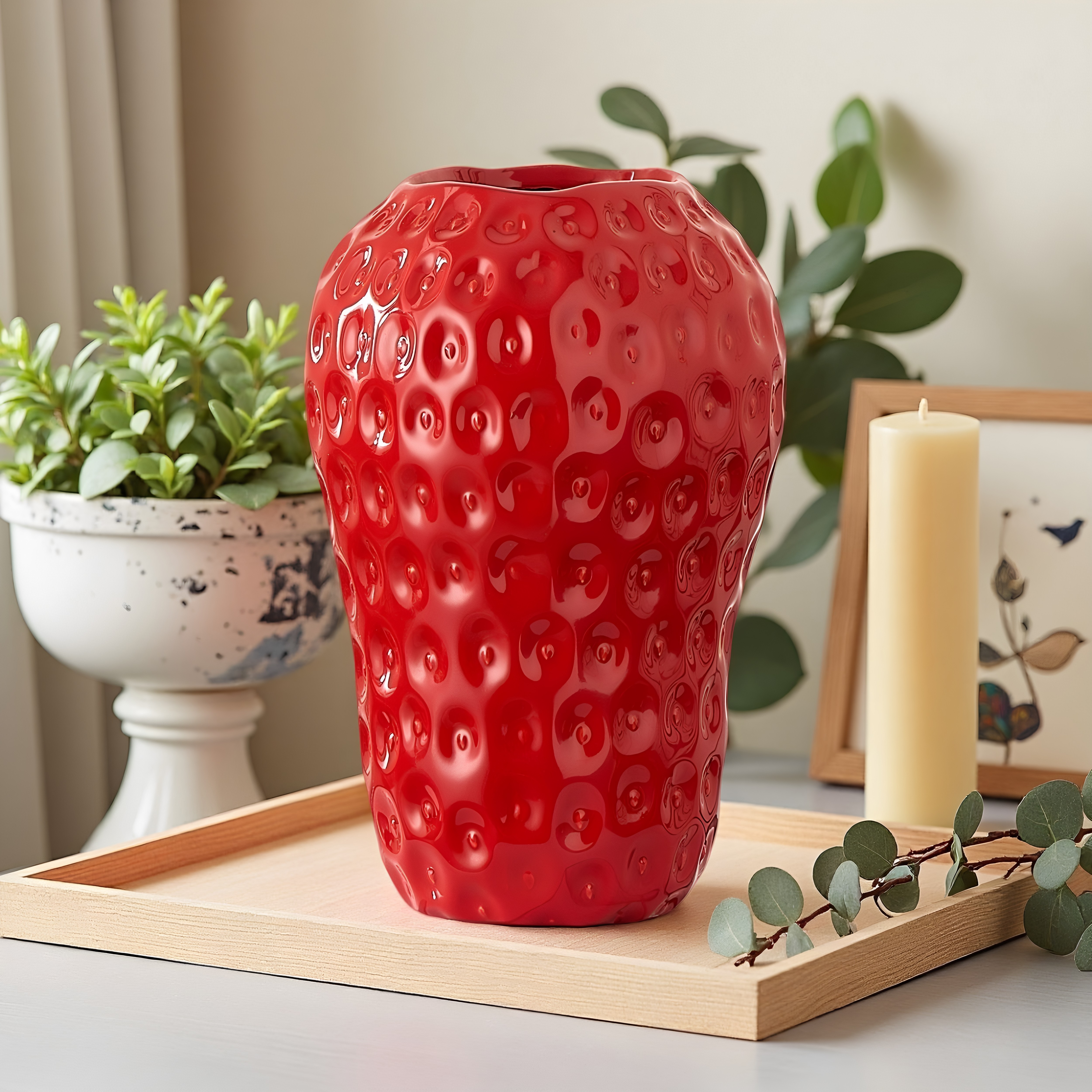 草莓花瓶陶瓷花瓶轻奢客厅插花摆件高颜值简约无孔花盆红色花瓶