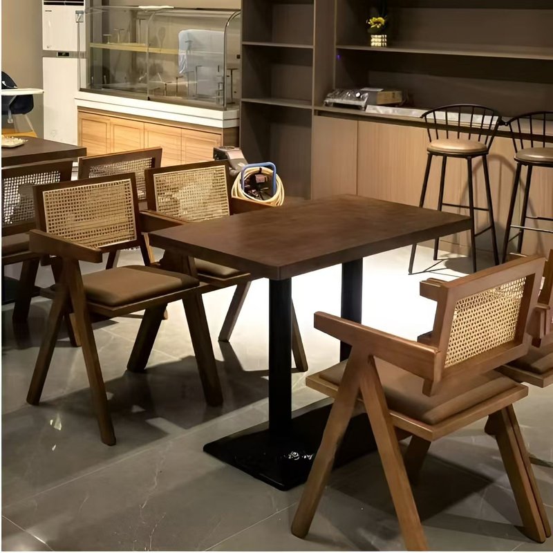 定做实木复古风主题桌椅西餐厅咖啡店料理餐饮店编藤实木餐桌组合
