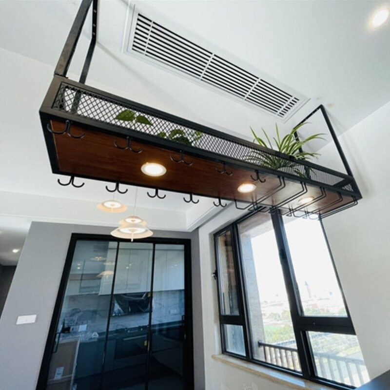 家用铁艺吊架倒挂红酒杯架酒架置物架悬挂式酒柜酒吧装饰单层架