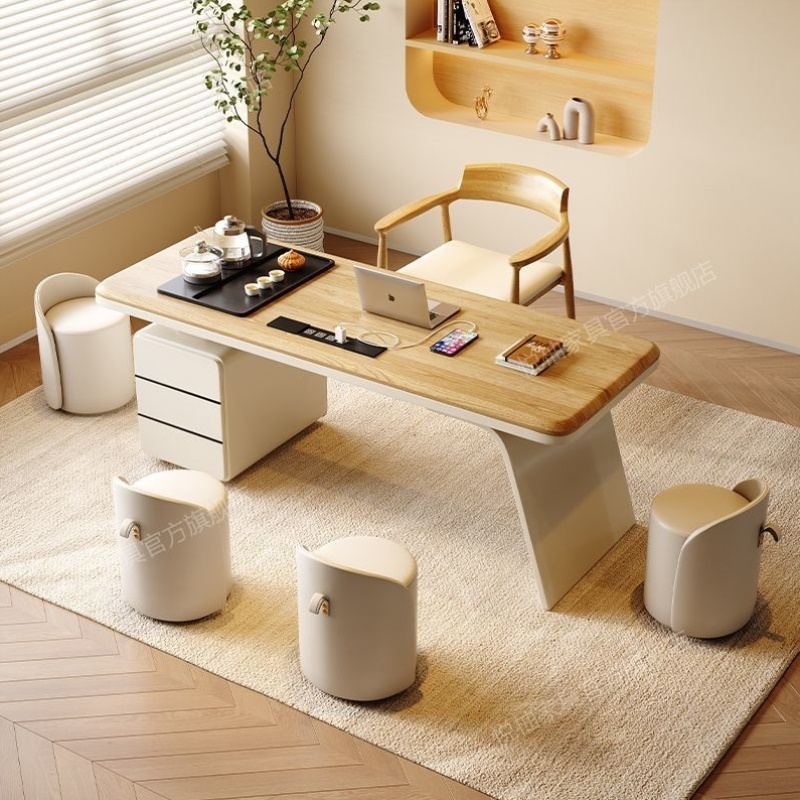 新款奶油风实木茶桌椅组合家用客厅办公桌茶台烧水壶一体泡茶桌