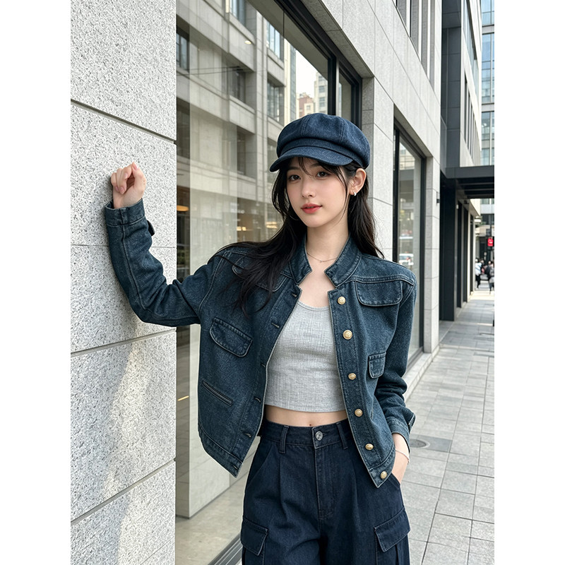 蓝色小香风牛仔外套女春秋高级感小个子复古立领正肩短款夹克上衣