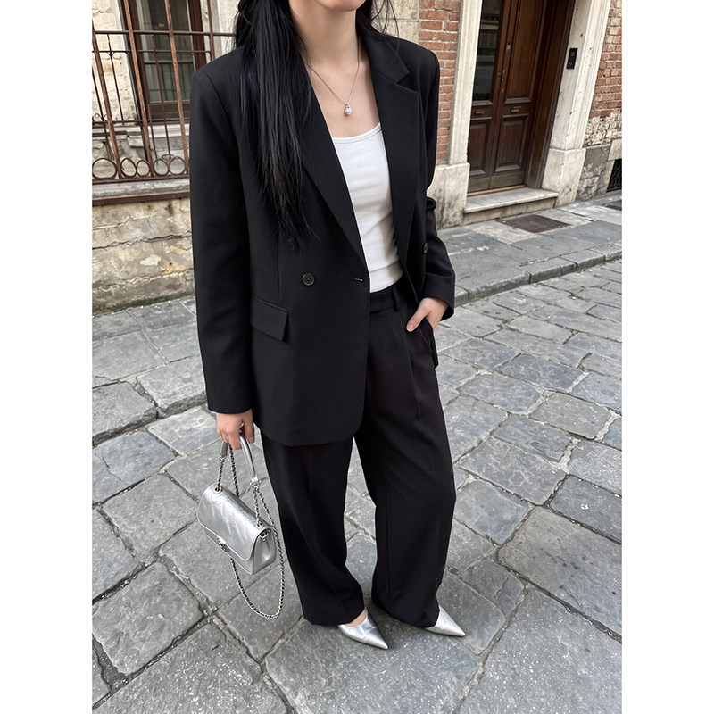 黑色西装外套女小个子春秋两件套装高级感设计感小众外套休闲西服