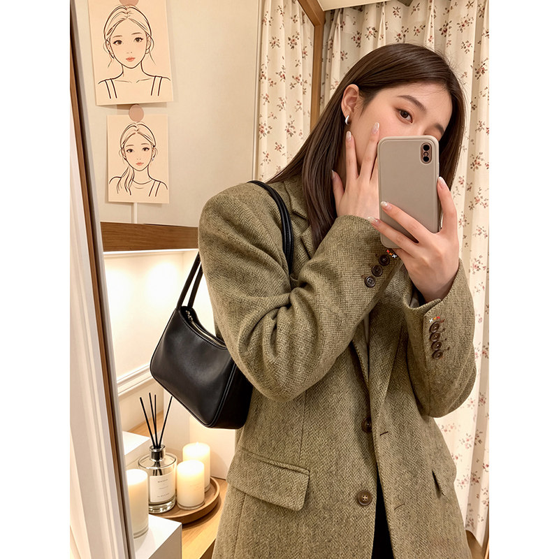 西装外套女春秋冬2026新款韩系小个子高级感加厚正肩羊毛休闲西服