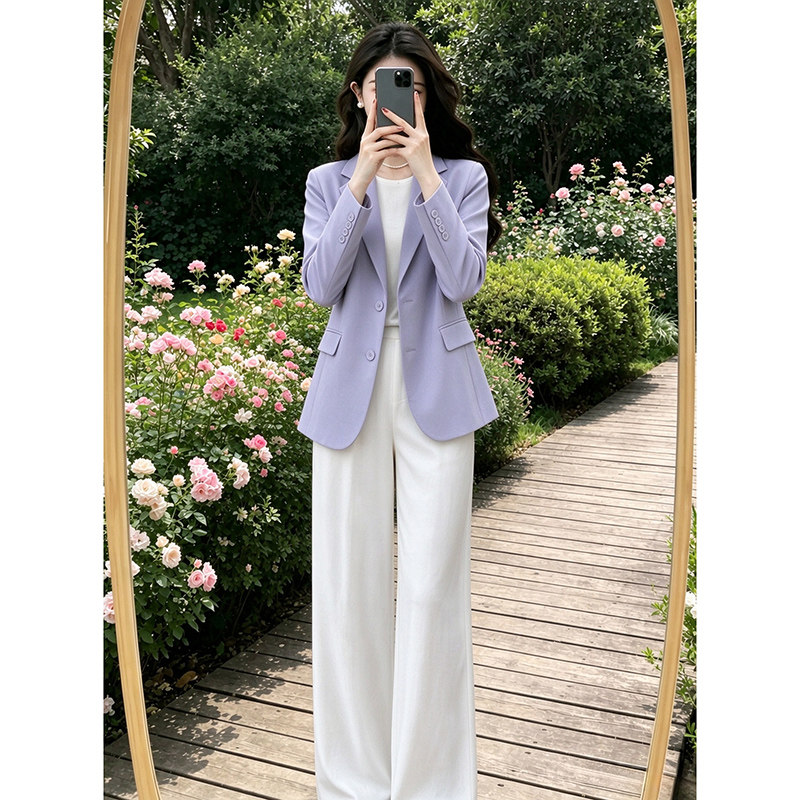 紫色西装外套女2026新款早春秋高级感小个子韩系正肩休闲短款西服