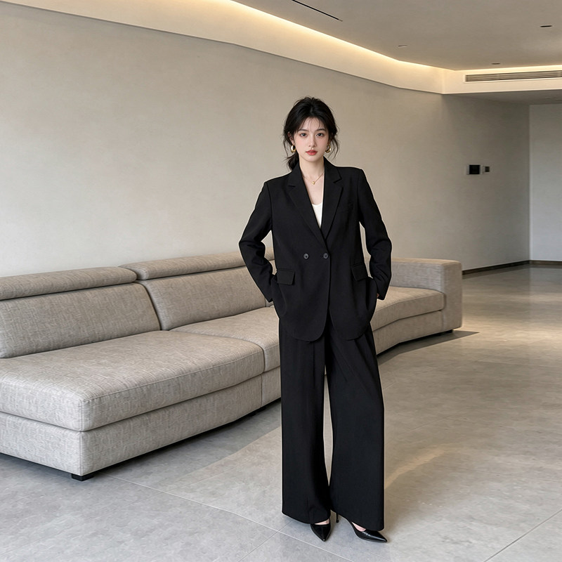 黑色小西装外套女2026春秋新款小个子高级感宽松休闲西服两件套装