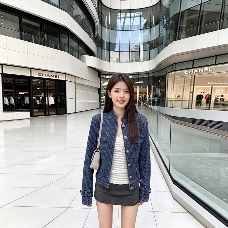 蓝色牛仔外套女2026新款春秋高级感小个子老钱风立领短款夹克上衣