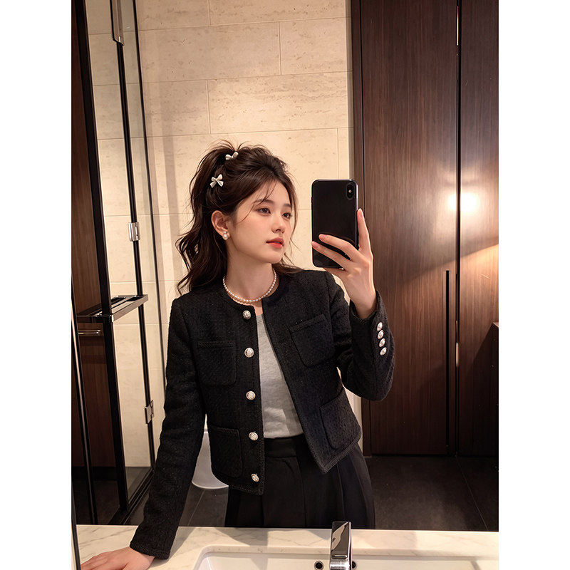 黑色小香风套装羽绒外套女早春秋季法式小个子高级感精致短款上衣