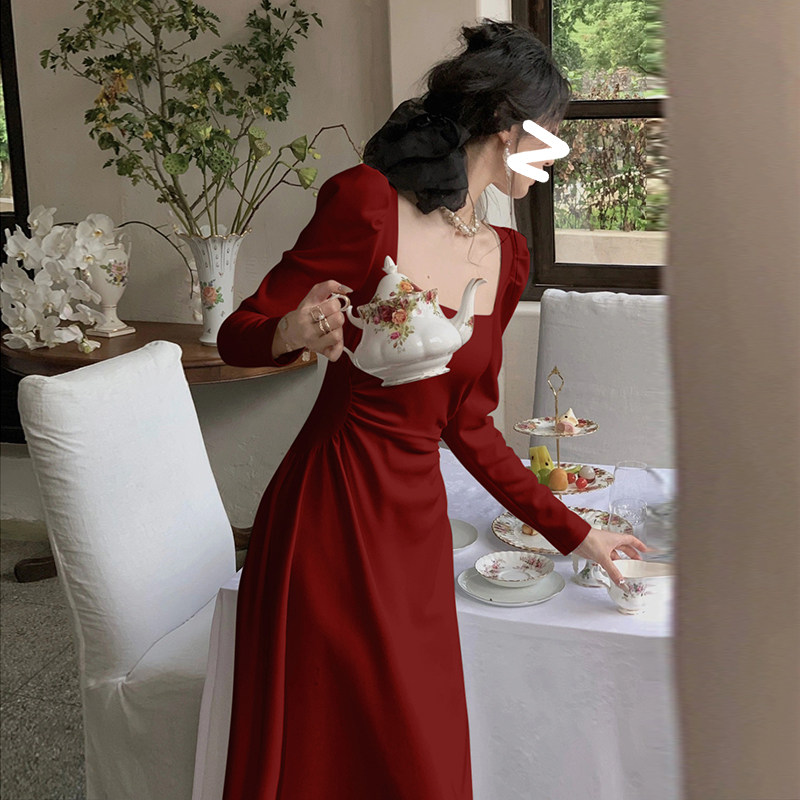 红色长袖连衣裙子女春秋法式订婚结婚礼服新娘敬酒服平时可穿长裙