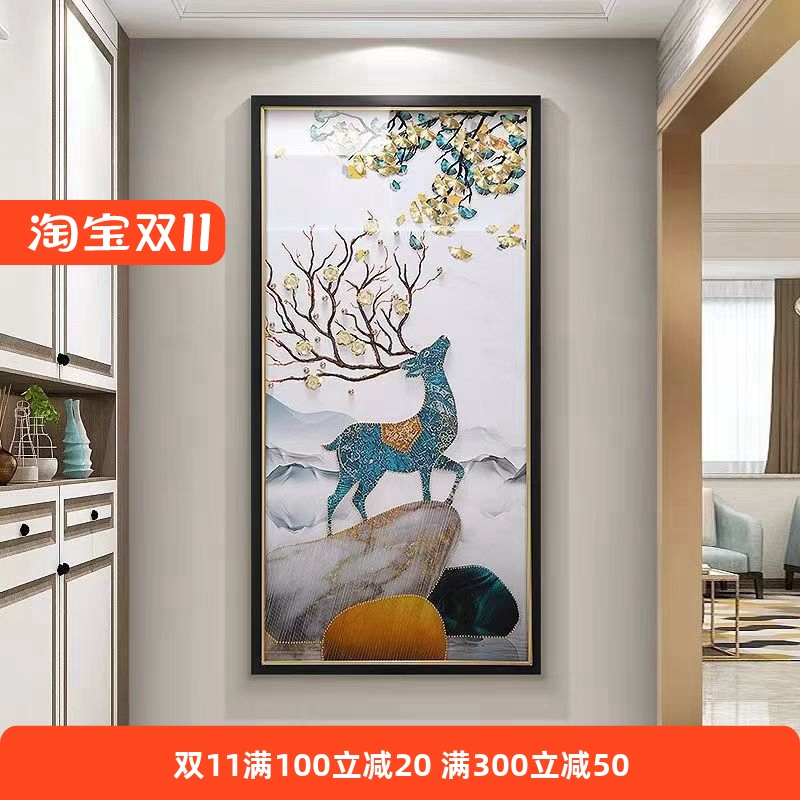 玄关装饰画高档现代简约客厅走廊过道挂画寓意好手工实物立体画鹿图片