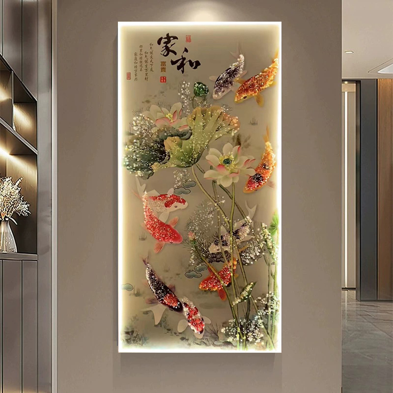 荷花九鱼图入户玄关装饰画声控灯光画走廊过道挂画轻奢高级感壁画