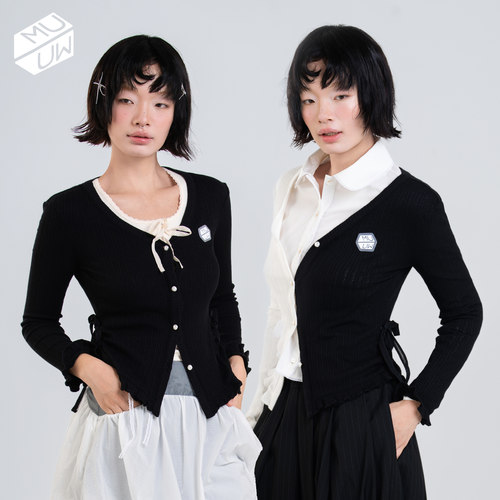 MUUW可拆卸开衫蝴蝶结V领毛衣