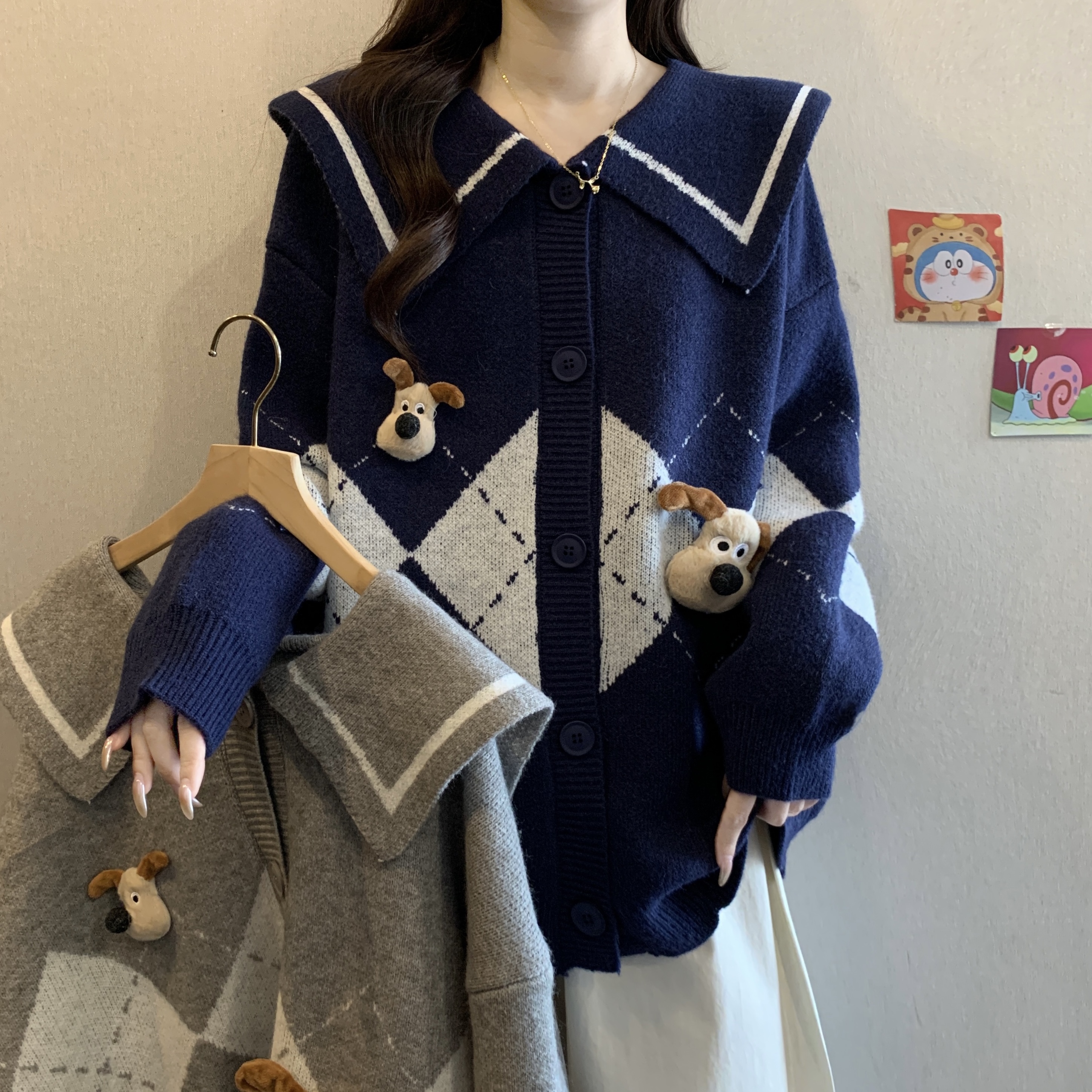 学院风海军领菱格毛衣外套