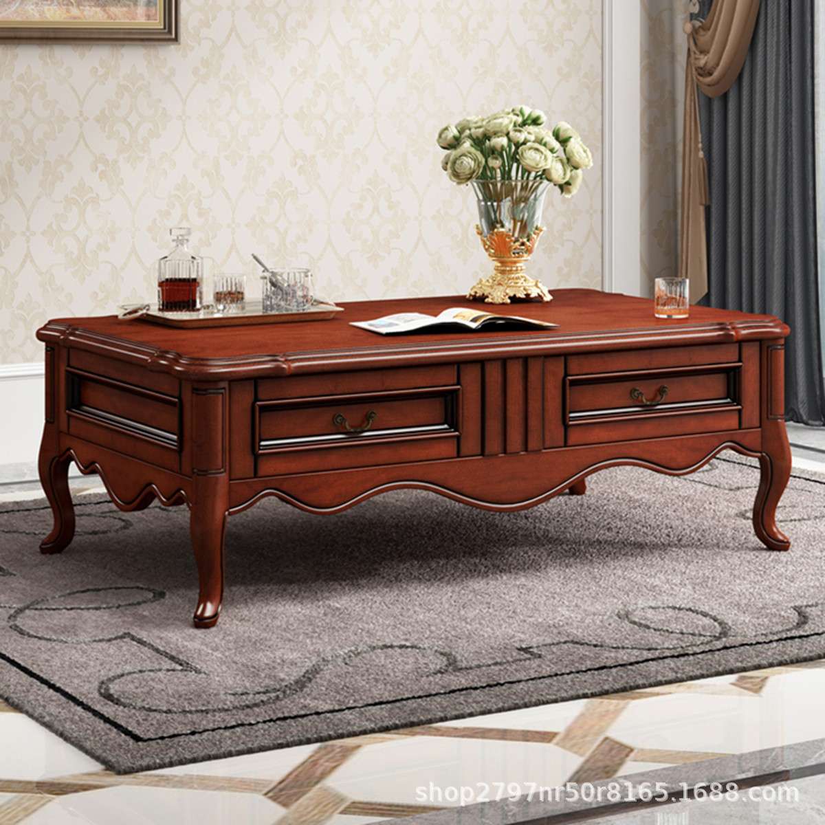 美式实木客厅茶几储物茶桌欧式长方形茶几复古大户型雕花大茶几