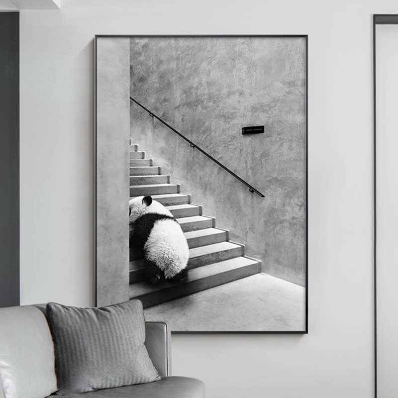 现代简约熊猫动物装饰画工业风客厅墙面挂画玄关过道黑白艺术壁画图片