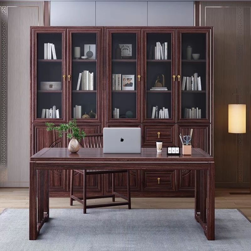 新中式实木书柜书房带玻璃门书架靠墙置物架现代简约书柜书桌组合