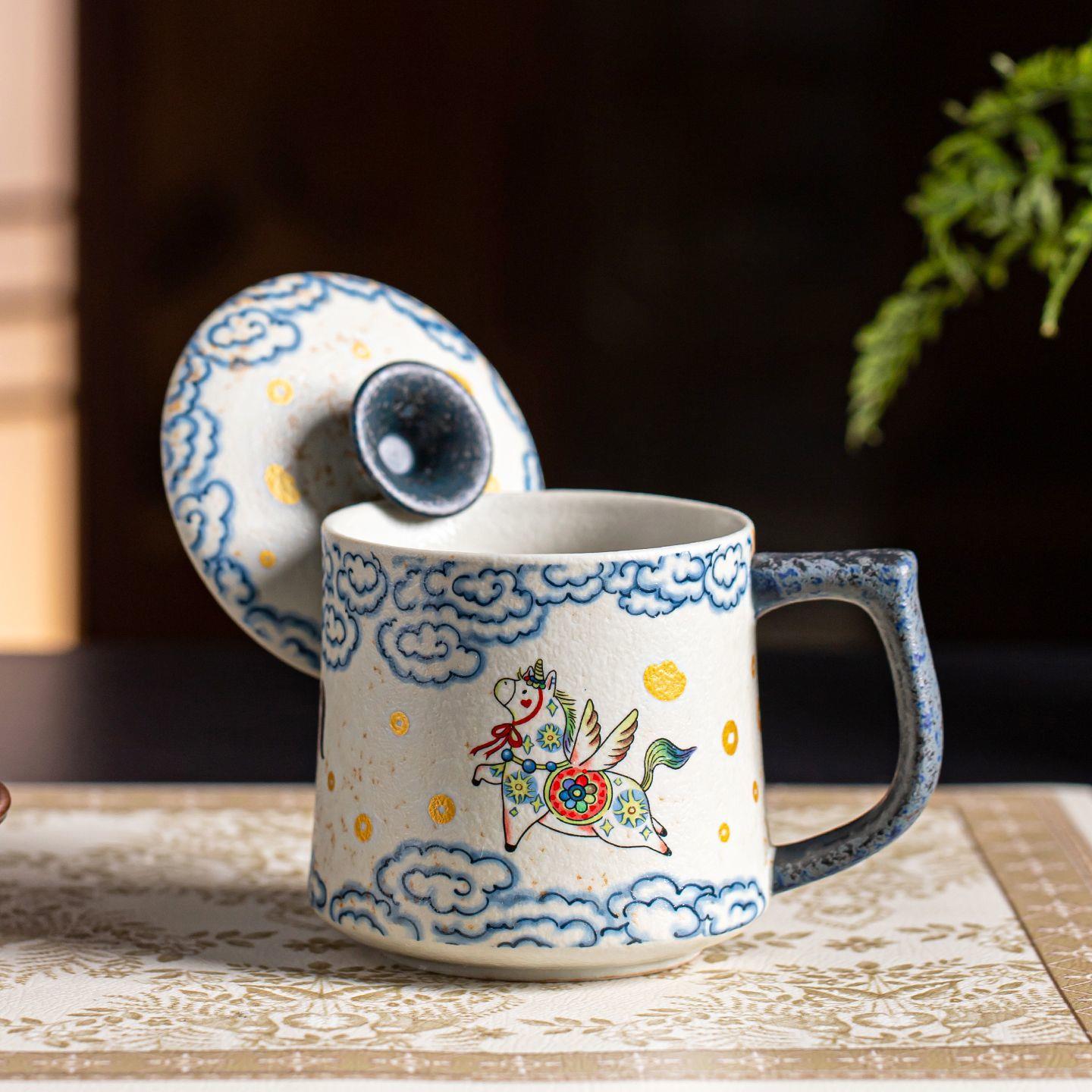 青花火石红泡茶杯陶瓷茶