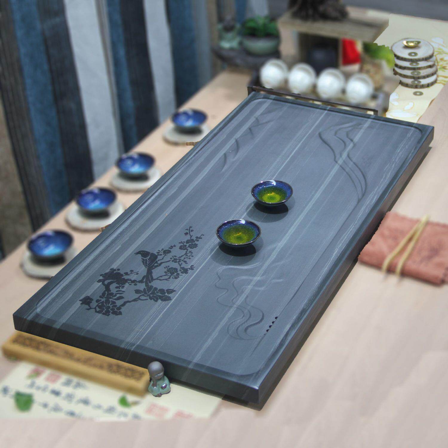 天然原石乌金石茶盘绿檀