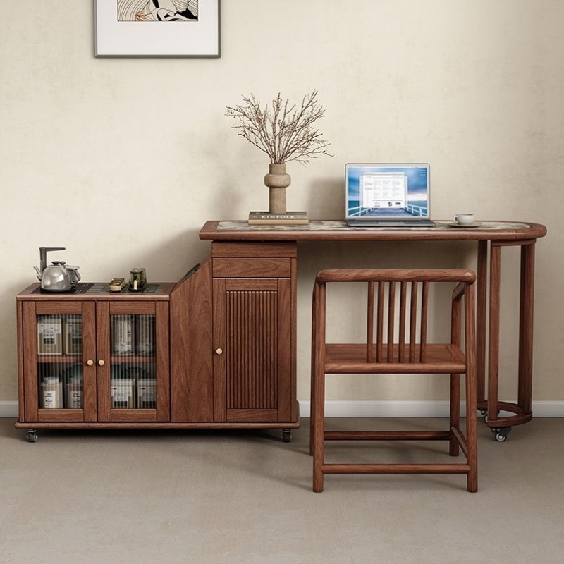 阳台茶桌小型黑胡桃饰面实木中古风可旋转移动简约书桌可折叠茶车