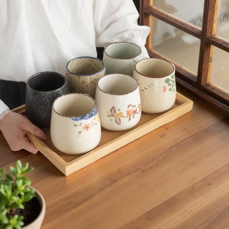 手绘陶瓷装家用简约6个水杯水具套装客厅创意早餐杯耐热杯子
