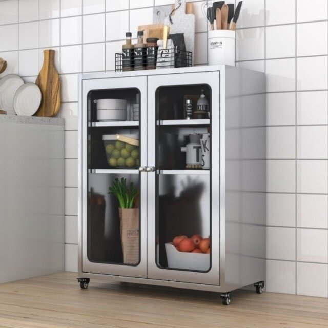 304不锈钢餐边柜家用厨房碗柜加厚置物柜储物柜玻璃门收纳柜橱柜