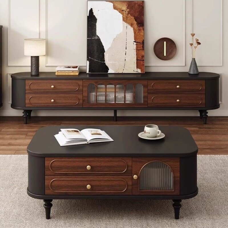 中古风电视柜胡桃色实木茶几组合客厅家用轻奢高级感弧边电视机柜