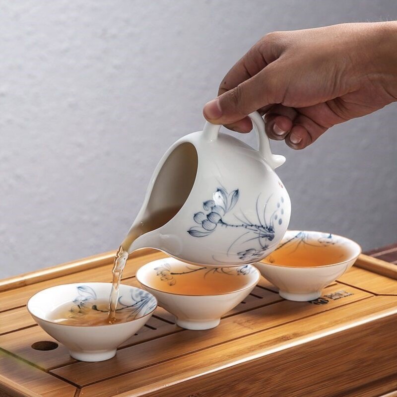 景德镇整套青花手绘功夫茶具套装办公室陶瓷盖碗茶杯礼品logo定制