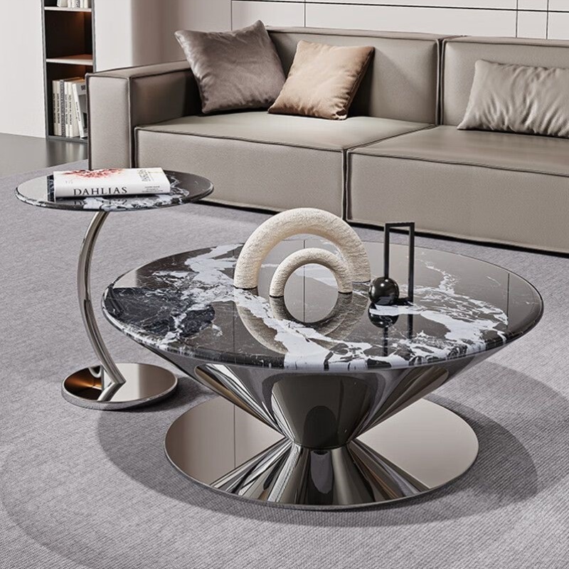大理石家用飞碟圆形茶几简约现代小户型客厅轻奢不锈钢茶几套组合