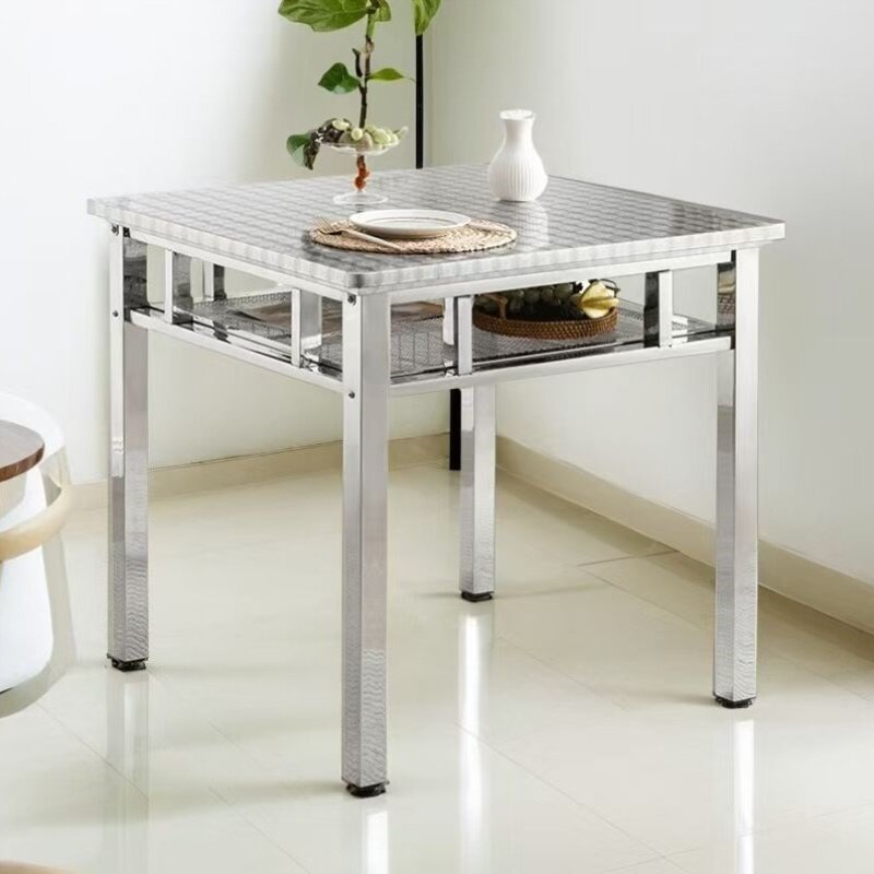 不锈钢餐桌家用桌子特厚多功能双层饭桌正方形八仙桌方桌烤火加厚