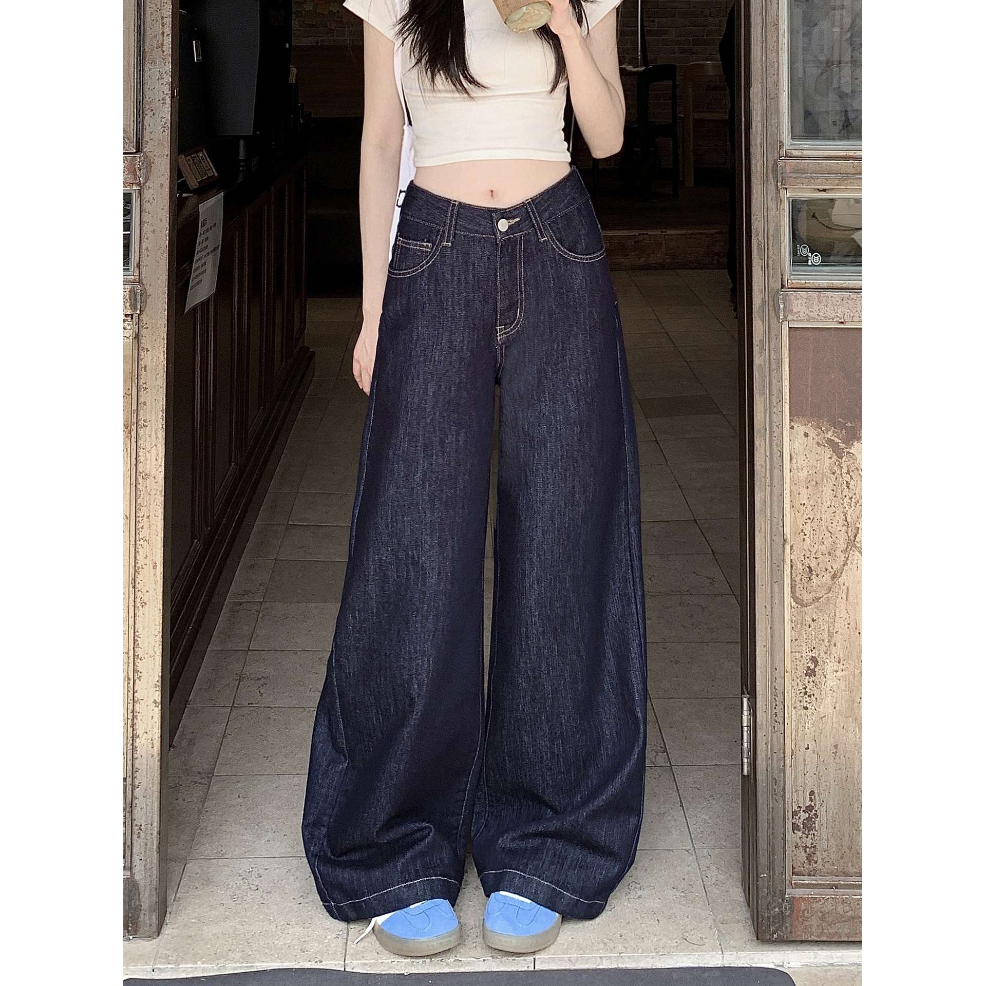 2025夏季新款韩版女式不掉色薄款高腰深蓝色大阔腿牛仔裤女