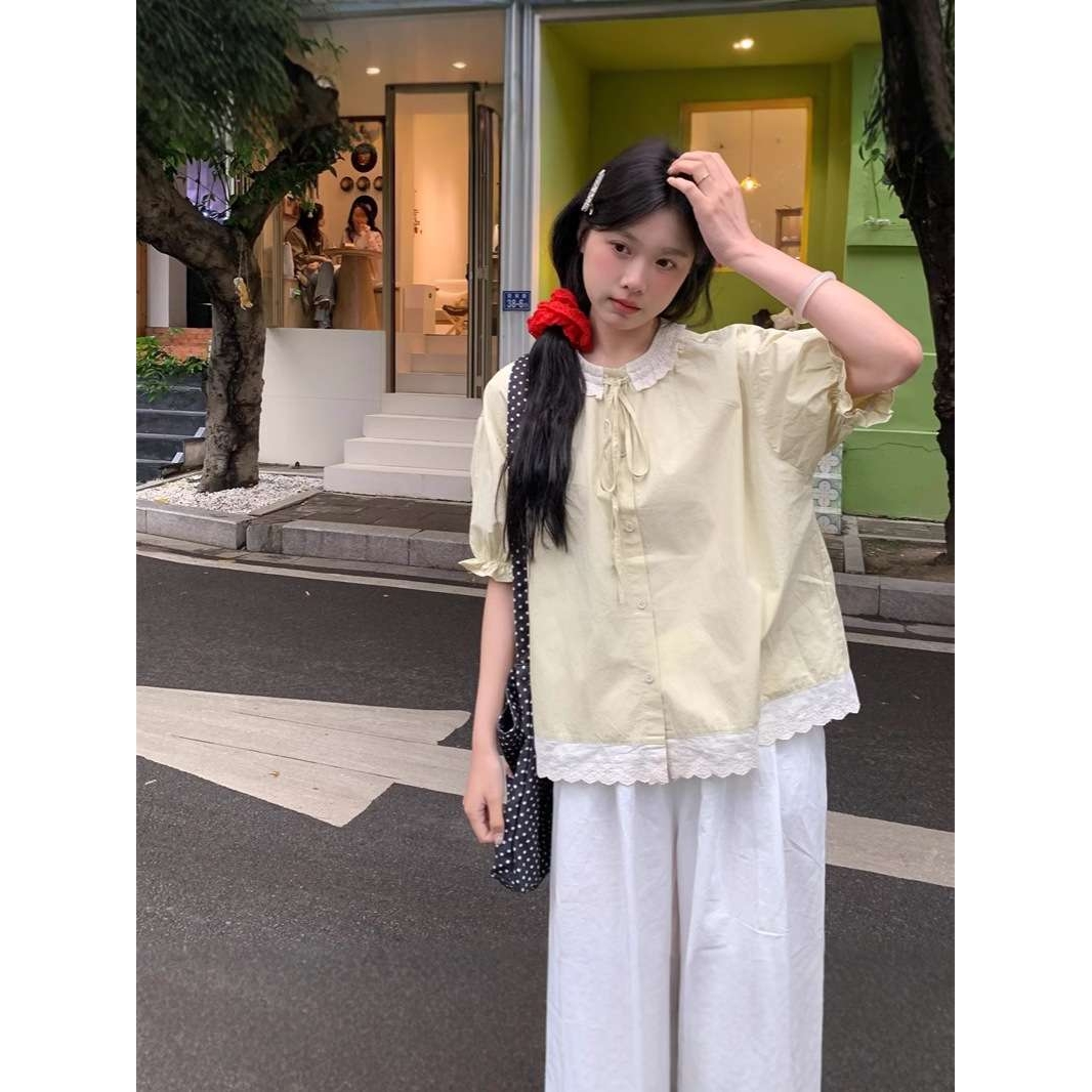 实拍~日系蕾丝花边领泡泡袖系带短袖衬衫女法式上衣+阔腿裤女装