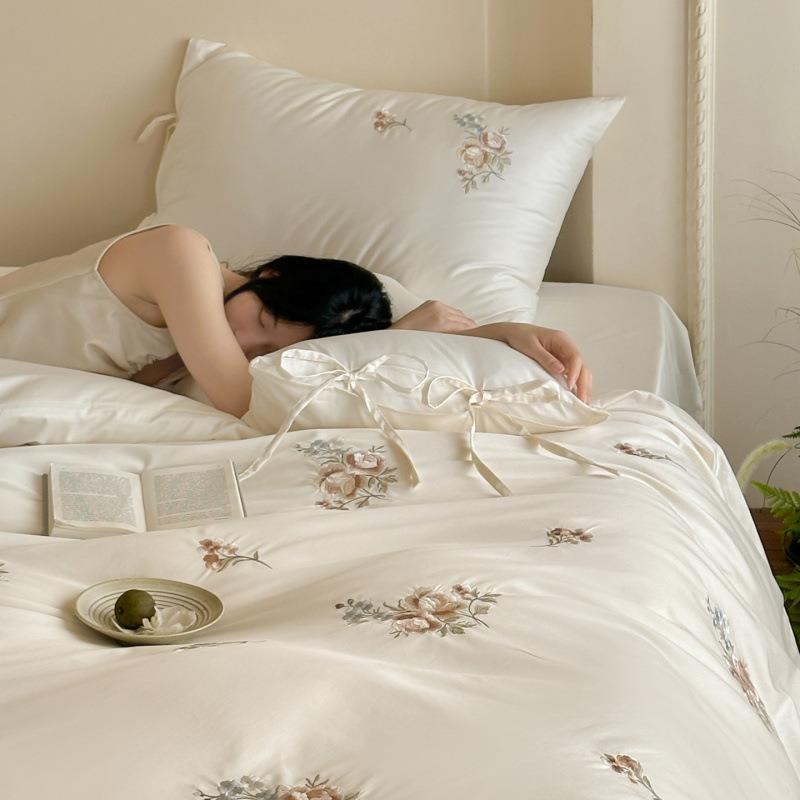 刺绣全棉四件套法式轻奢高级感长绒棉纯棉被套床单玫瑰女孩子套件