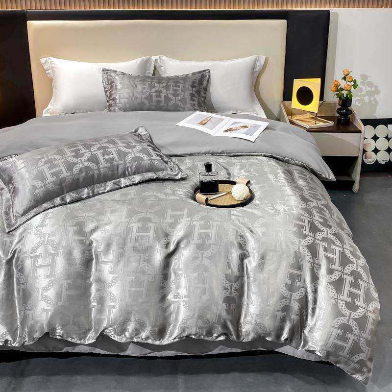 高级轻奢欧式冰丝四件套水洗真丝提花贡缎丝滑被套裸睡床单