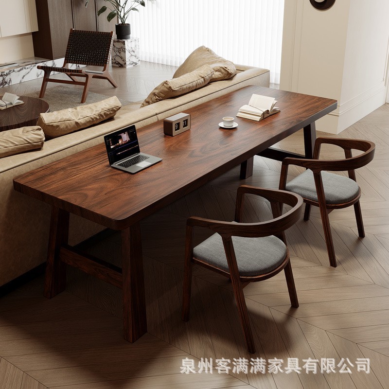 胡桃木靠沙发靠墙书桌实木双人电脑桌客厅家用写字学习桌办公桌