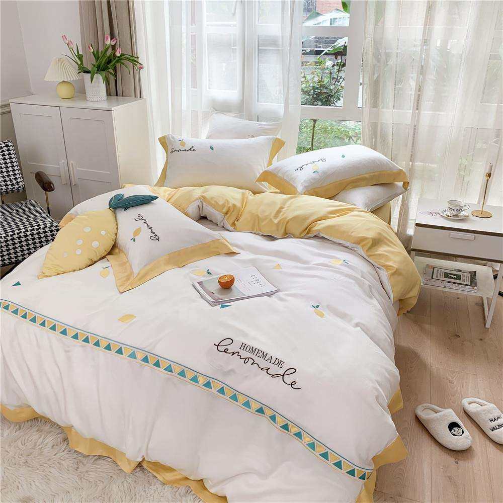 凉爽小清新四件套夏季双面天丝裸睡简约被套刺绣柠檬床品
