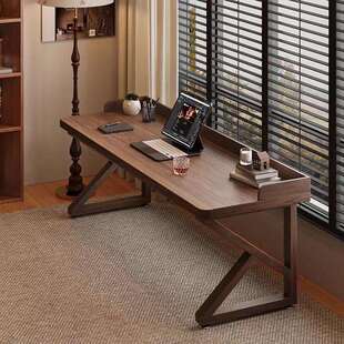 全实木双人书桌加挡板台式电脑桌长条电竟床边桌子家用简约学习桌