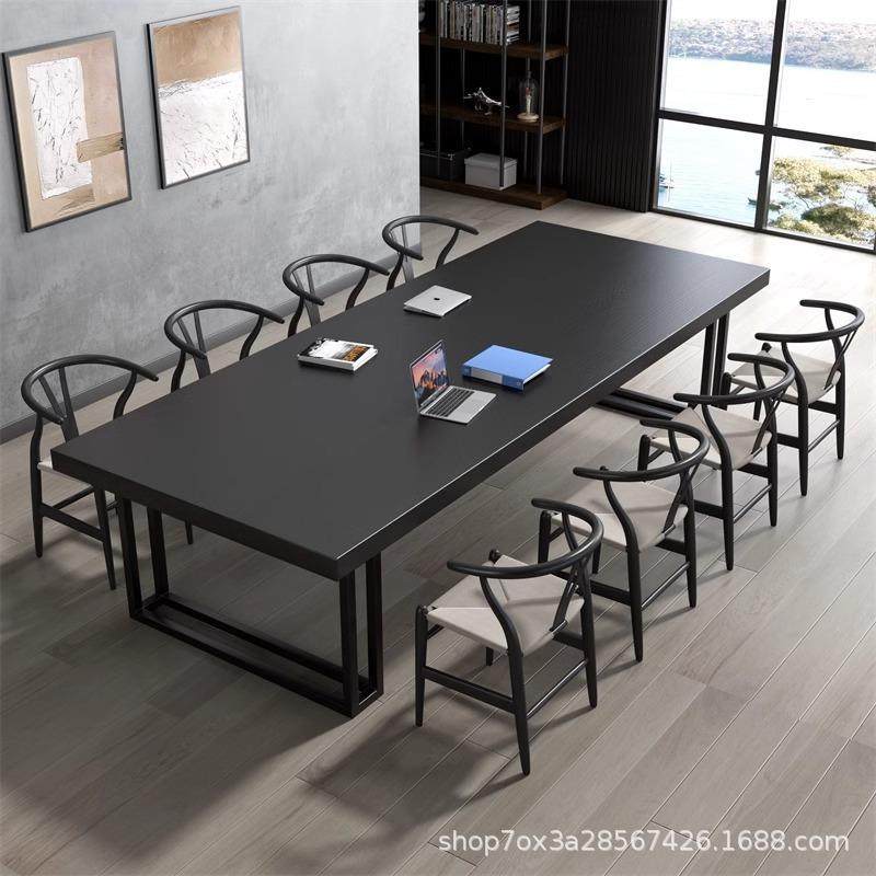 简约现代实木会议桌长桌大型长条桌工作台铁艺长方形办公桌电脑桌