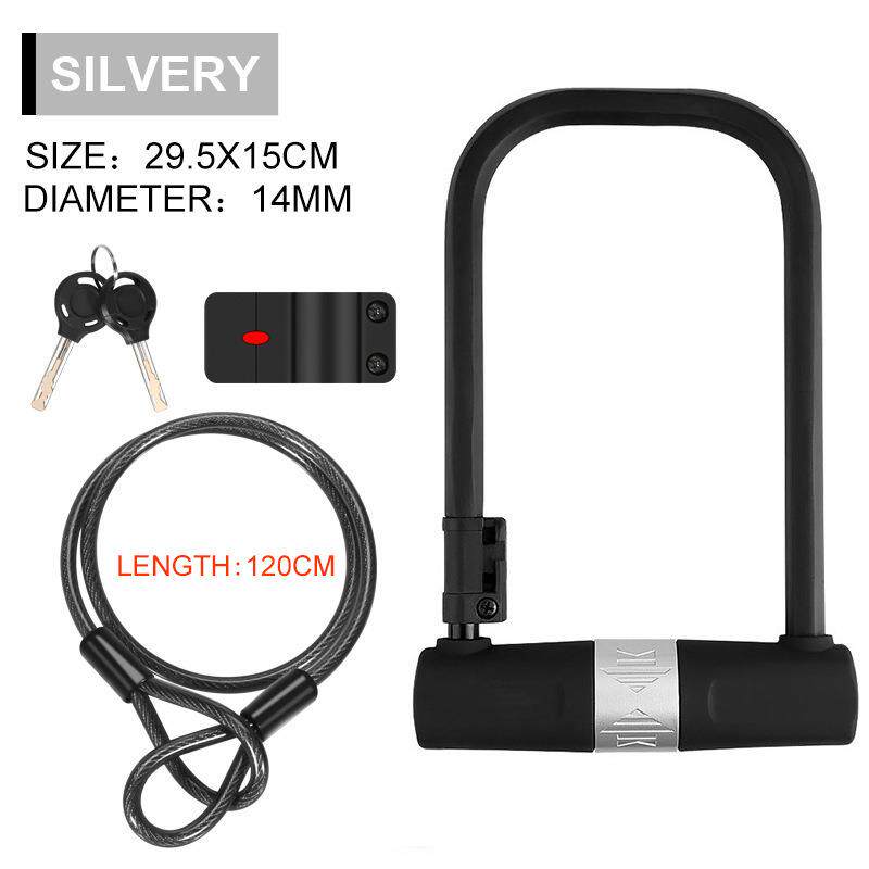 钢缆U型锁自行车锁防盗锁U形锁带钢缆锁双开加粗抗剪安全山地配件