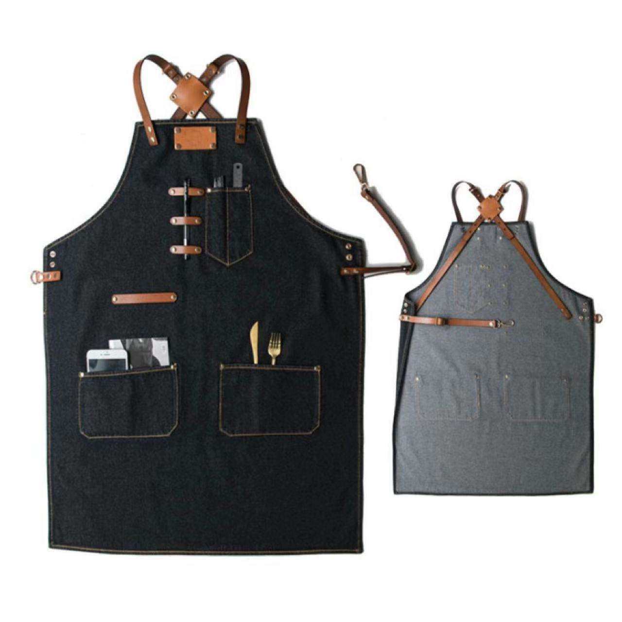 真 皮欧美出口日韩款式牛仔工作围裙背带全身工作围裙定 制
